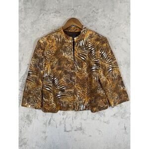 Laudrew Linen Jacket Women 16 Brown Gold Floral Animal Print Sequin Lined Career